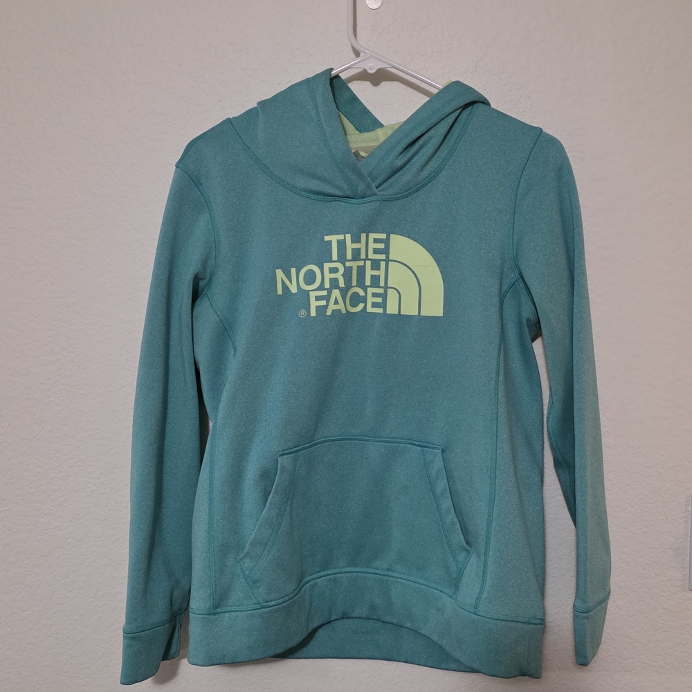 The North Face Teal Hoodie with Yellow Logo